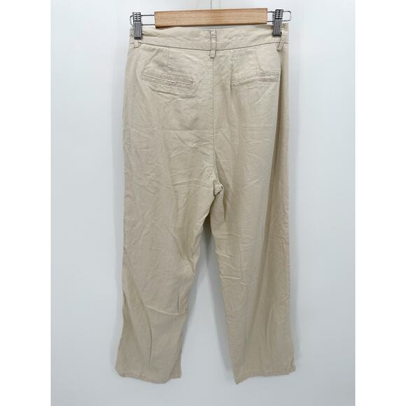 Dazy-Less Pants Women MEDIUM Khaki Tan Pleated Straight Linen Viscose Blend - Picture 2 of 8